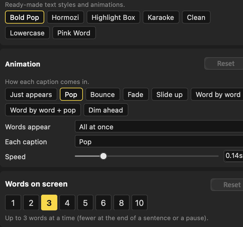 AnyCaptions controls with Bold Pop, Pop animation, a 0.14-second speed and three words on screen selected.